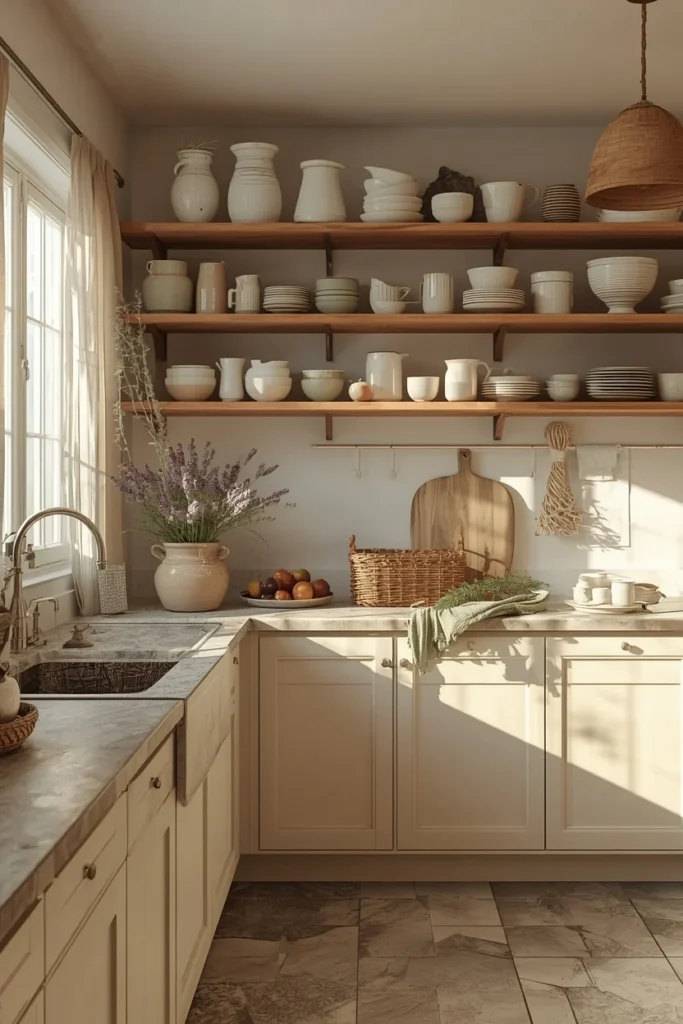 cottagecore kitchen aesthetic, cream-painted slightly aged shaker cabinets 