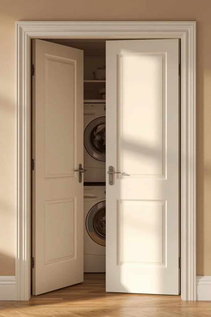 23 Laundry Room Design Ideas That Turn a Chore Space Into a Design Feature 4 hidden laundry nook, featuring warm white bi-fold doors folded flat