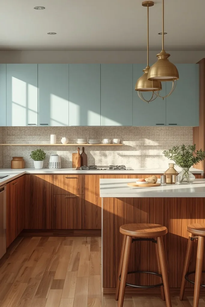 22 Mid Century Modern Kitchen Designs That Are Timeless & Stunning 4 modern kitchen, featuring soft blue upper cabinets