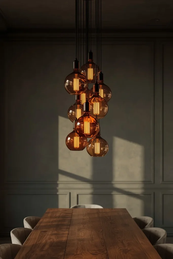 25 Modern Dining Room Ideas That Are Chic, Sleek & Totally Pin-Worthy 4 dining room, featuring a cluster of amber and smoked glass pendant lights