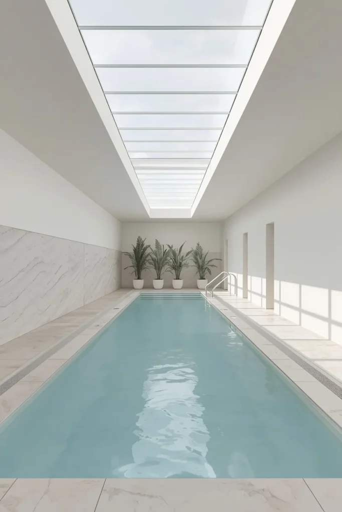indoor lap pool, long narrow 15-meter rectangular design