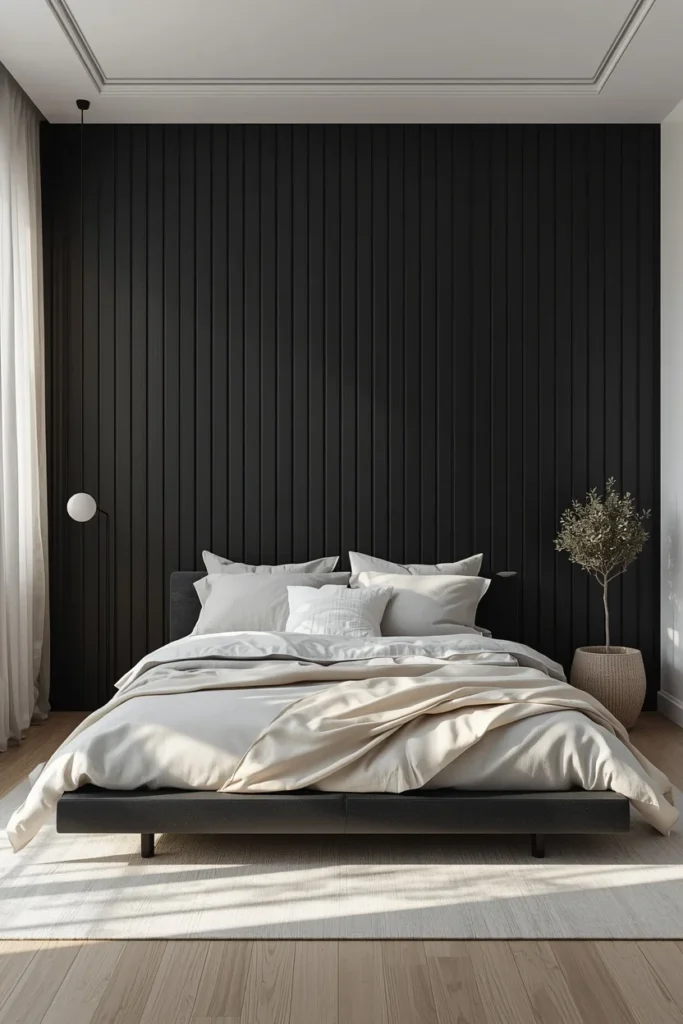 17 Moody Black Bedroom Ideas That Are Hauntingly Beautiful & Chic 4 bedroom, featuring black vertical wood paneling