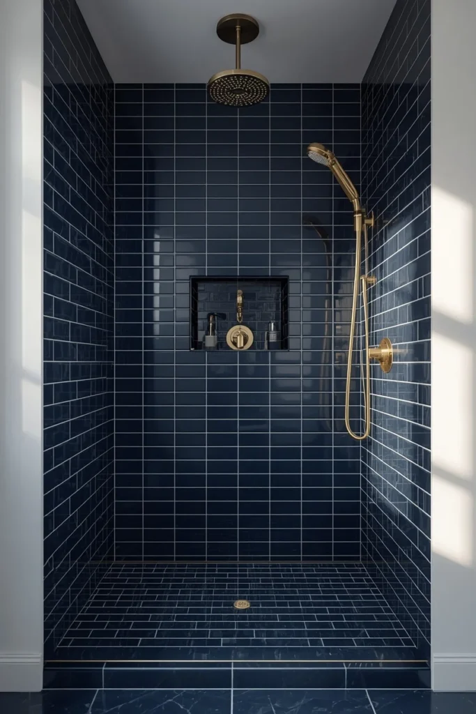 16 Moody Blue Bathroom Ideas That Feel Luxurious & Deeply Relaxing 4 Glossy Navy Tile in the Shower