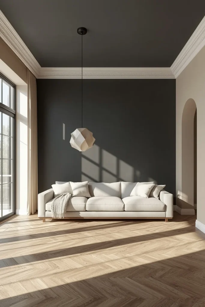 22 Moody Living Room Ideas That Are Rich, Dark & Incredibly Inviting 4 living room, featuring a deep charcoal color-capped ceiling