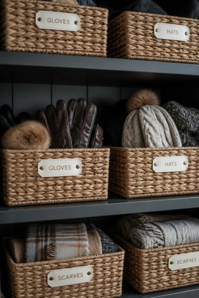 16 Mudroom Design Ideas That Make the Messiest Space in Your Home Look Amazing 3 mudroom shelving lined with labeled woven wicker baskets