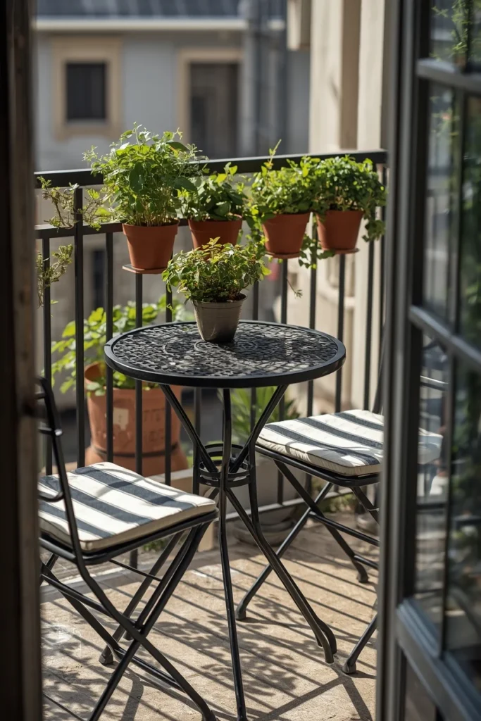 24 Outdoor Patio Furniture Ideas That Are Stylish, Comfy & Weather-Ready 4 small balcony patio, featuring a round powder-coated black aluminum bistro table