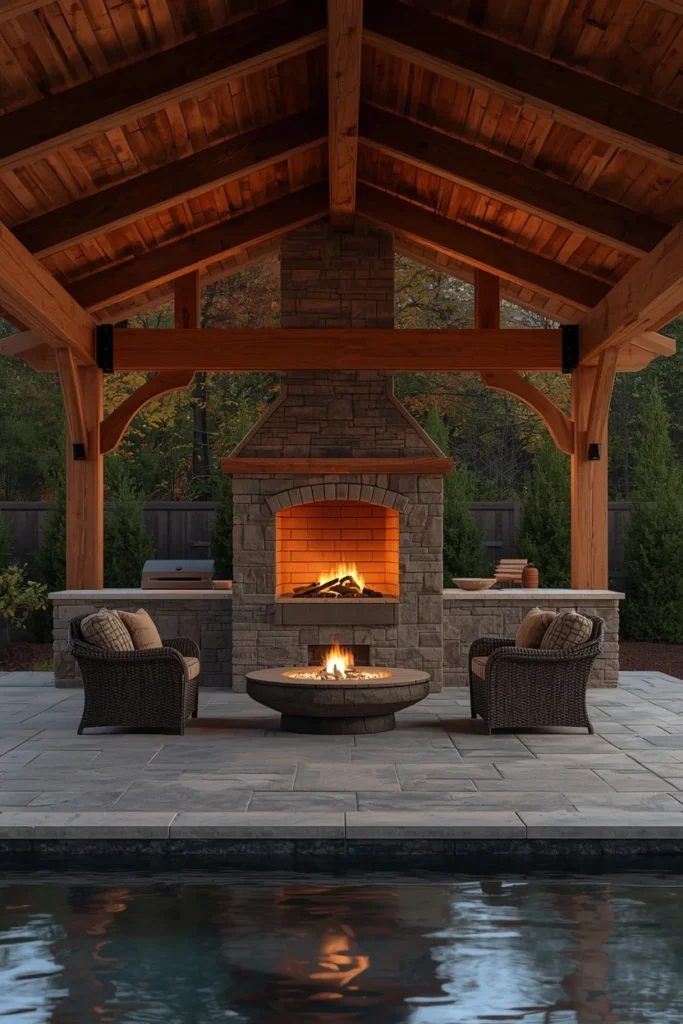 21 Pool House Ideas That Make Your Backyard Feel Like a Luxury Resort 4 rustic pool house, featuring stone-clad outdoor kitchen