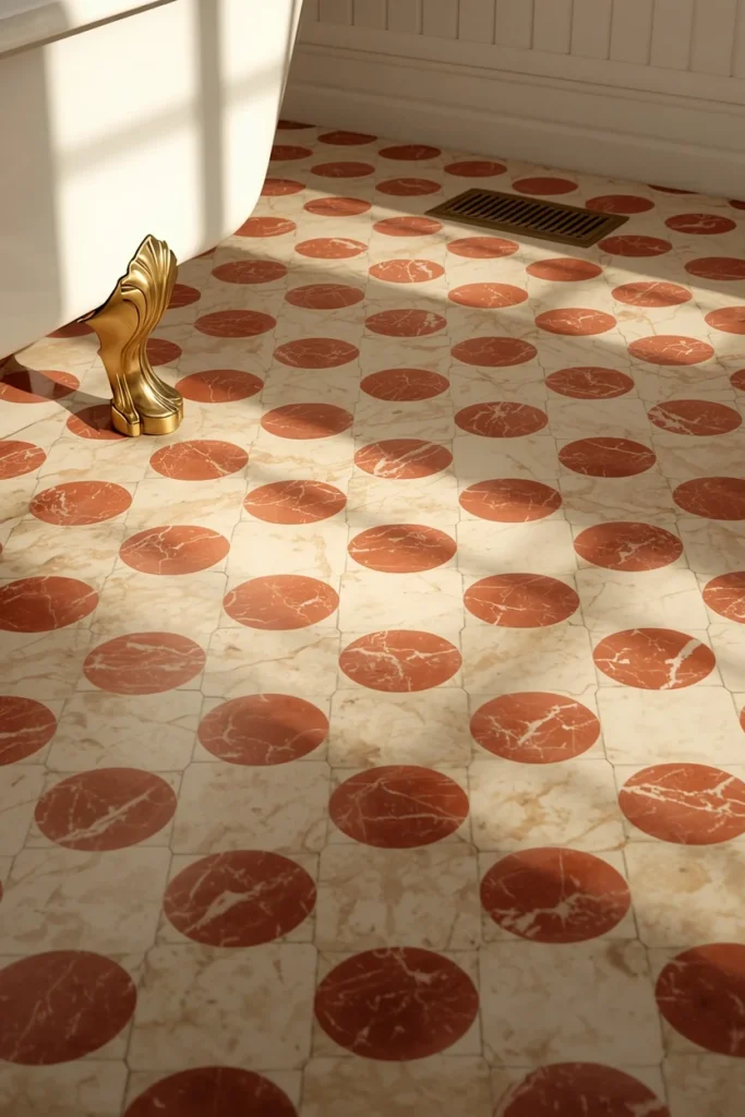 bathroom floor detail, featuring a large-format red and cream marble checkerboard