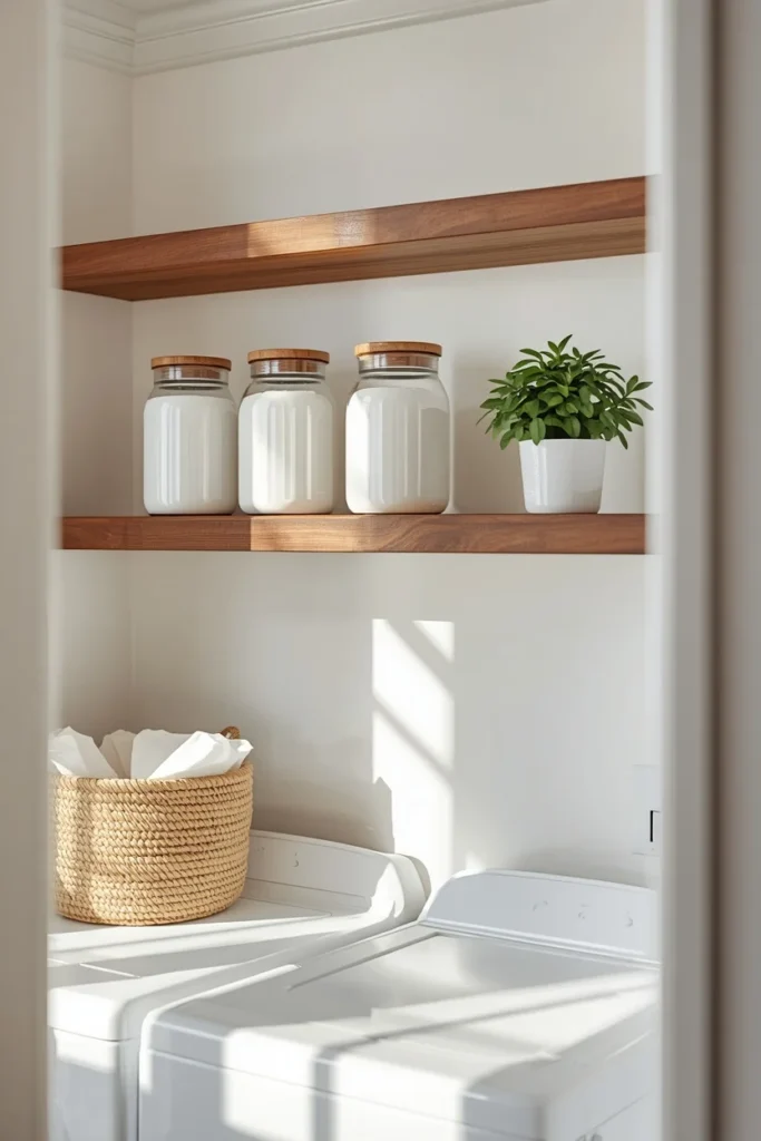 21 Small Laundry Room Ideas That Pack Function & Style Into Every Inch 4 small laundry room, featuring two floating wood shelves