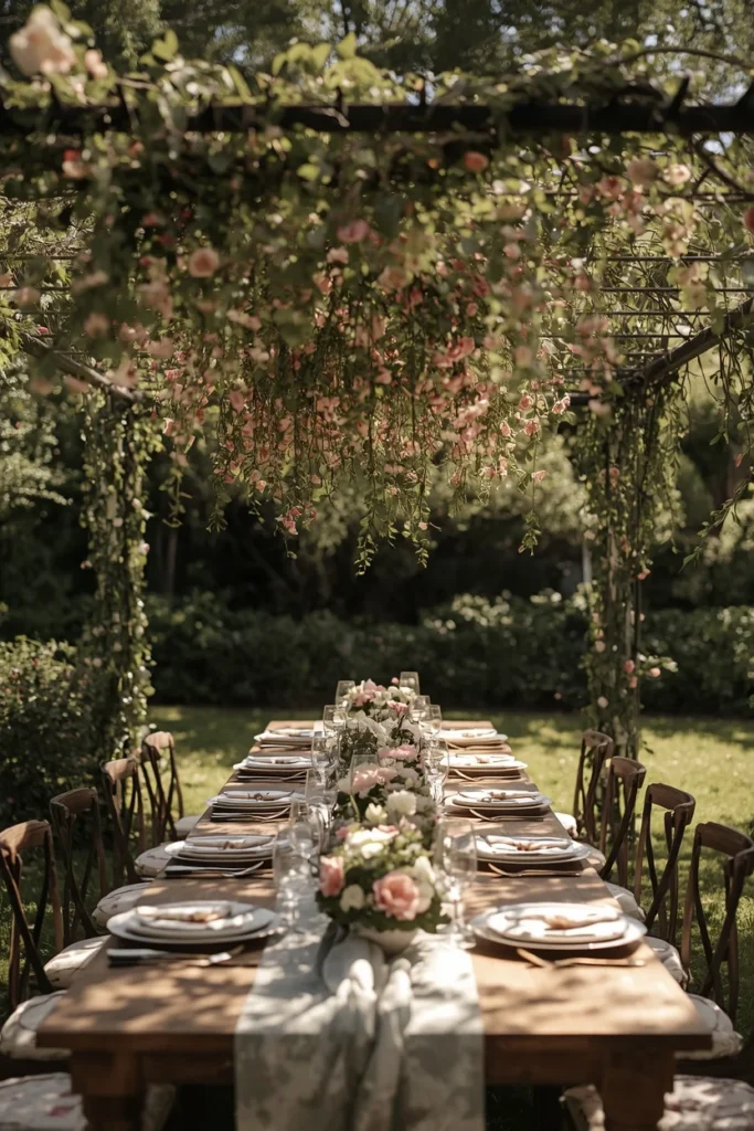 16 Spring Tablescape Ideas That Make Every Meal Feel Like a Garden Party 4 wide angle shot of an outdoor garden party table,