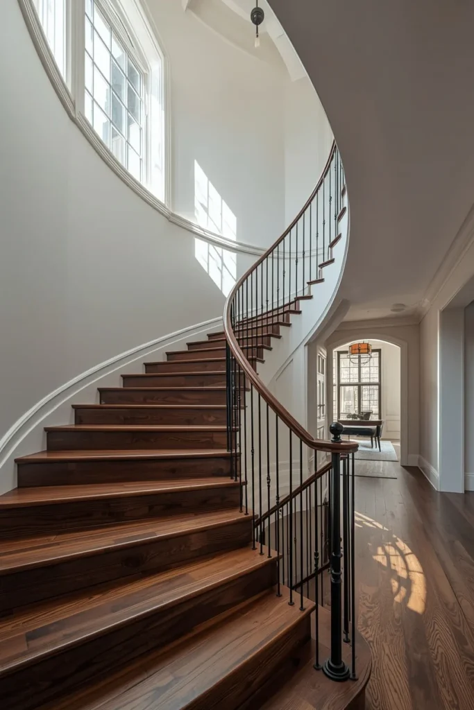 curved staircase, featuring dark stained wood treads, 