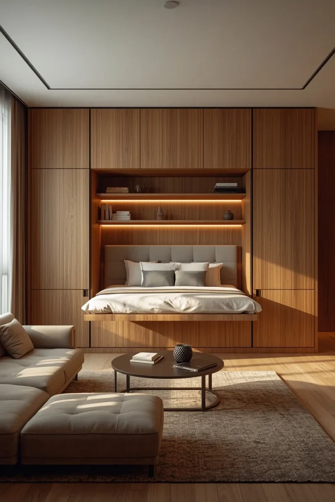 studio apartment living room, featuring a wall bed folded up