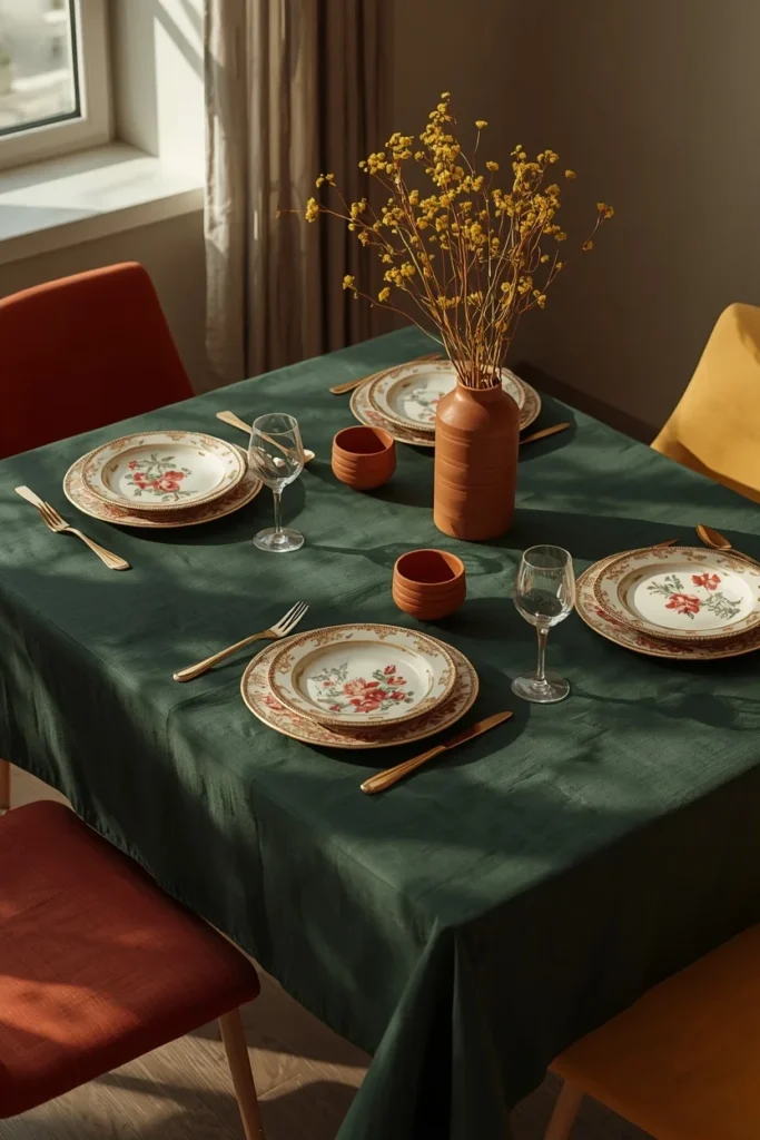 dining table wide shot, featuring a deep forest-green linen tablecloth 