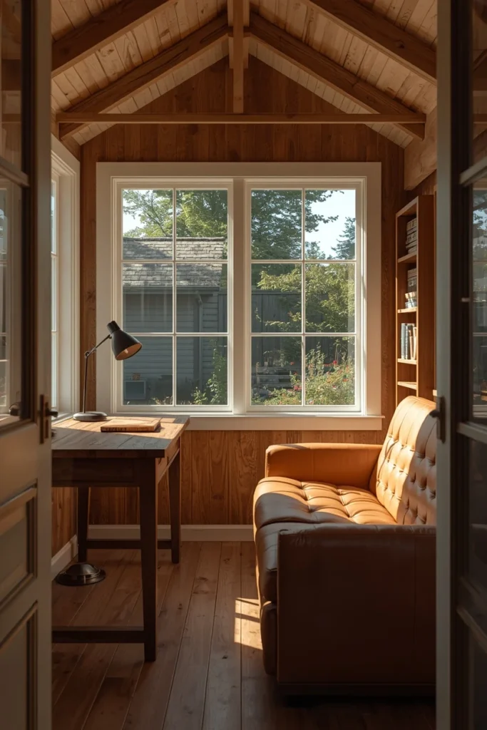 19 Summer House Ideas That Make Your Garden Feel Like a Vacation Destination 4 she-shed home office, featuring a cozy garden building interior