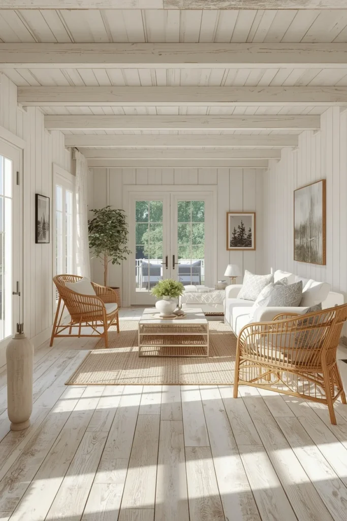  summer cottage living room, featuring whitewashed wood plank flooring 