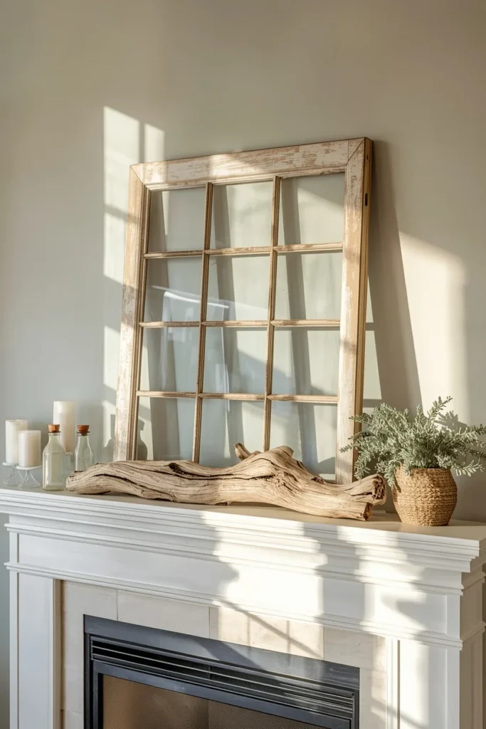fireplace mantel, featuring a weathered vintage window frame