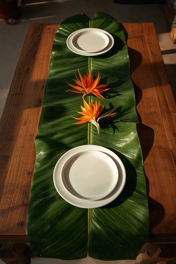 table setting featuring large glossy green palm leaves 