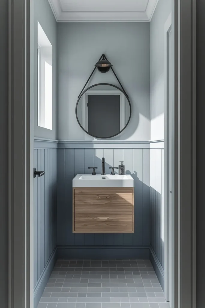 small powder room, featuring a soft blue-gray monochromatic color scheme 