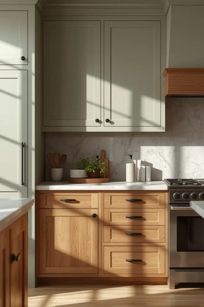 farmhouse kitchen, featuring soft sage green upper cabinets and warm oak wood lower cabinets