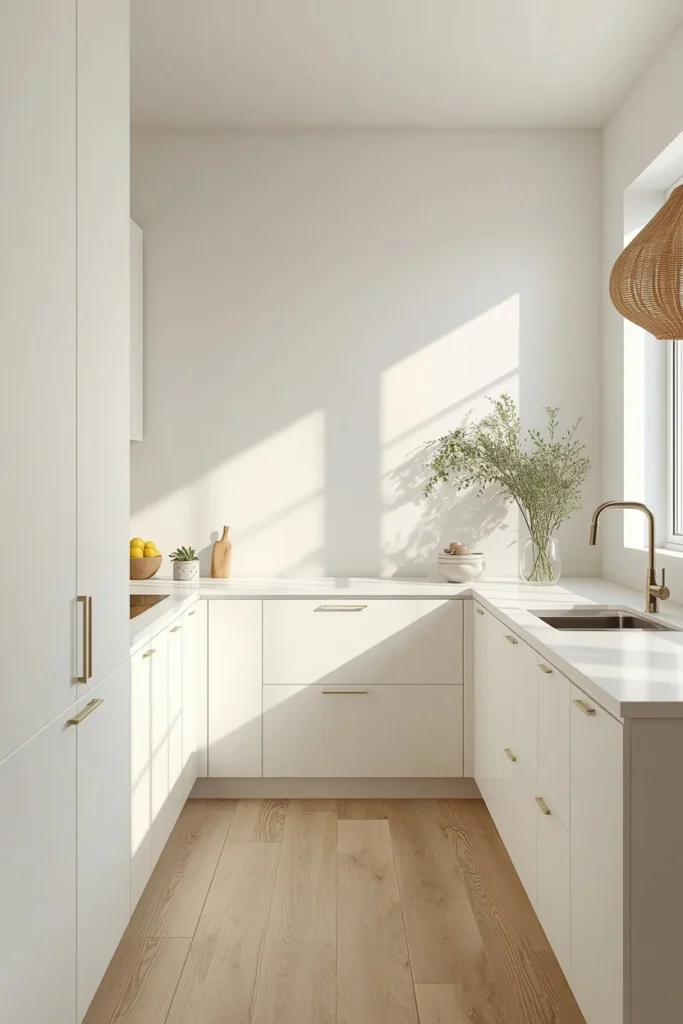 20 White Kitchen Ideas That Are Bright, Fresh & Absolutely Dreamy 4 kitchen, featuring flat-panel white cabinets with integrated finger-pull edges