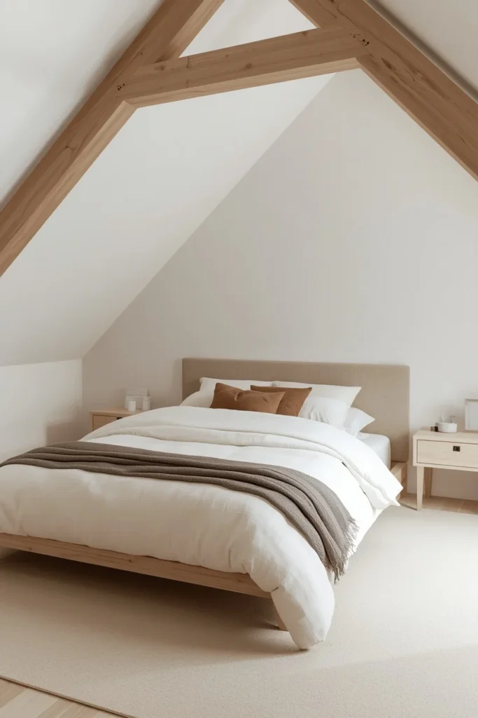 attic bedroom shot, featuring a Japandi-style low platform bed