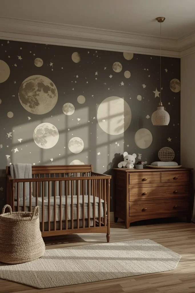 18 Baby Boy Nursery Themes That Are Cute, Creative & Absolutely Charming 5 baby nursery, featuring a soft charcoal and cream wallpaper