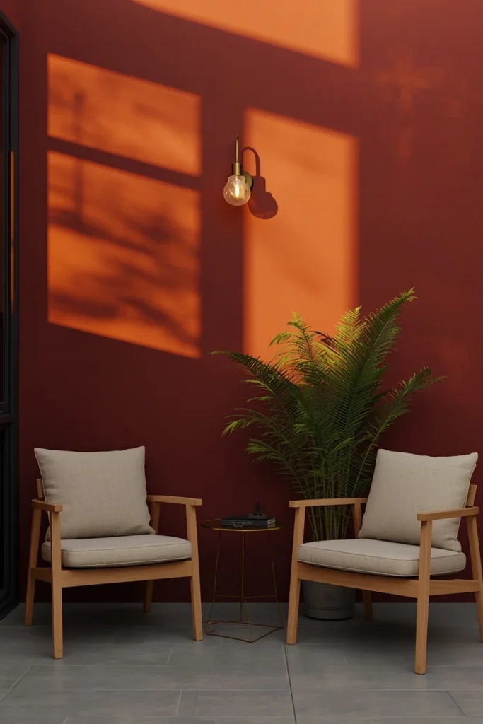 17 Back Patio Ideas That Transform Any Outdoor Space Into a Cozy Retreat 5 small backyard patio, featuring a deep oxblood-painted accent wall,