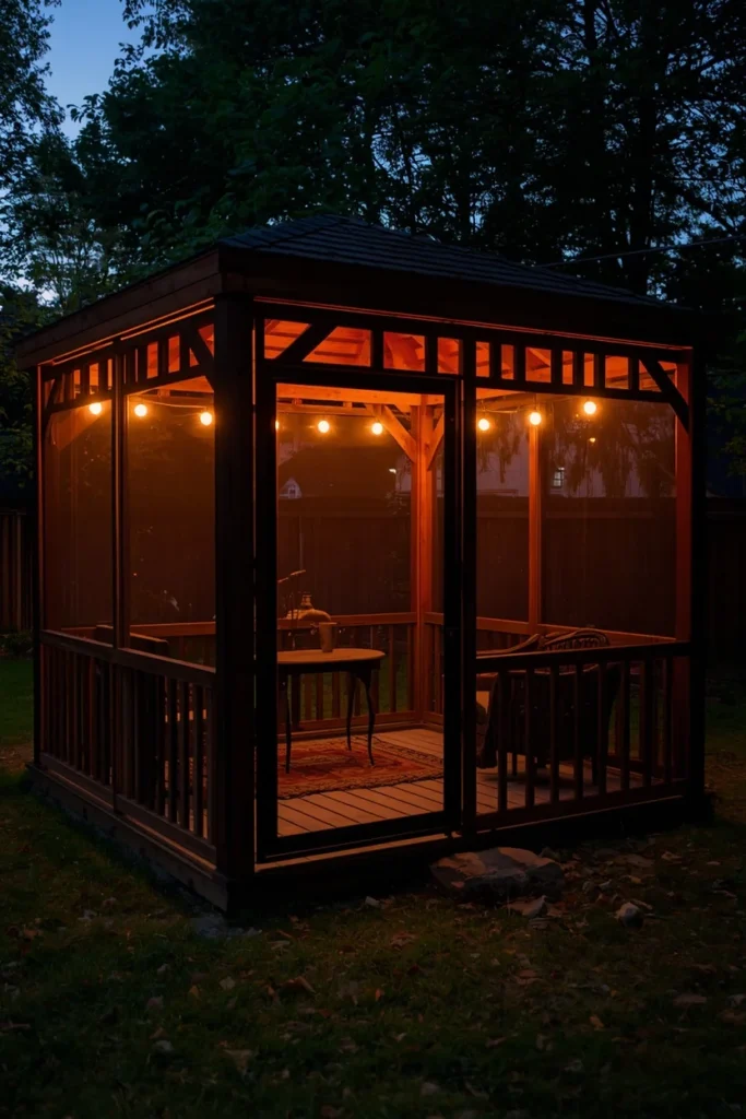 a fully screened wooden gazebo with fine mesh walls