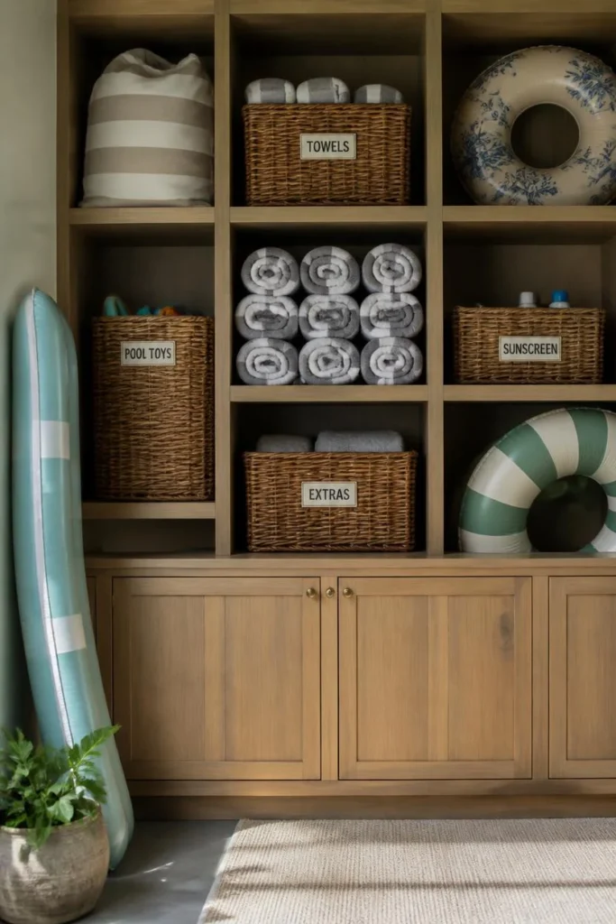 pool house storage wall, featuring built-in wood cubbies