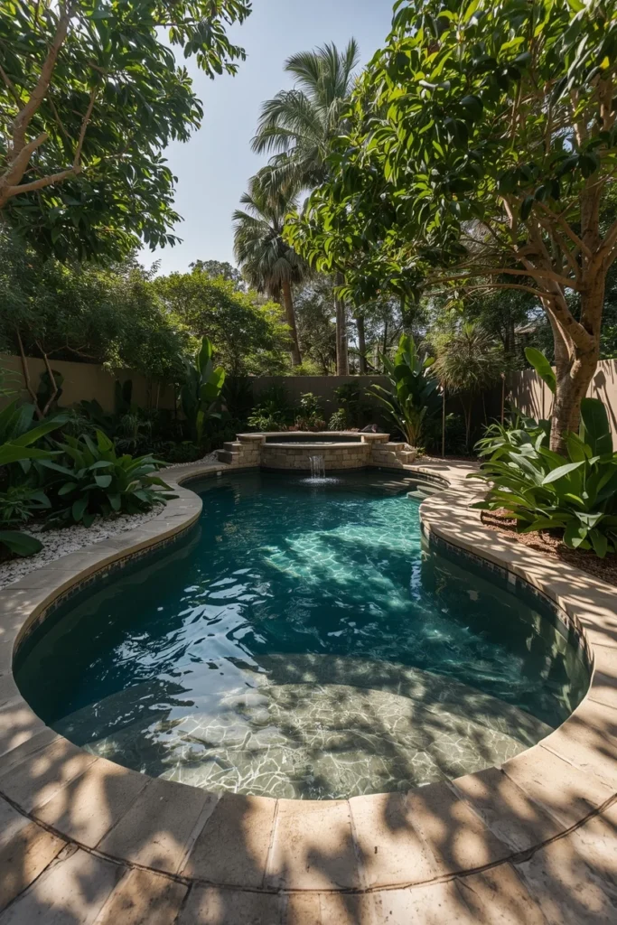 backyard lagoon-style pool, featuring curved natural stone edges