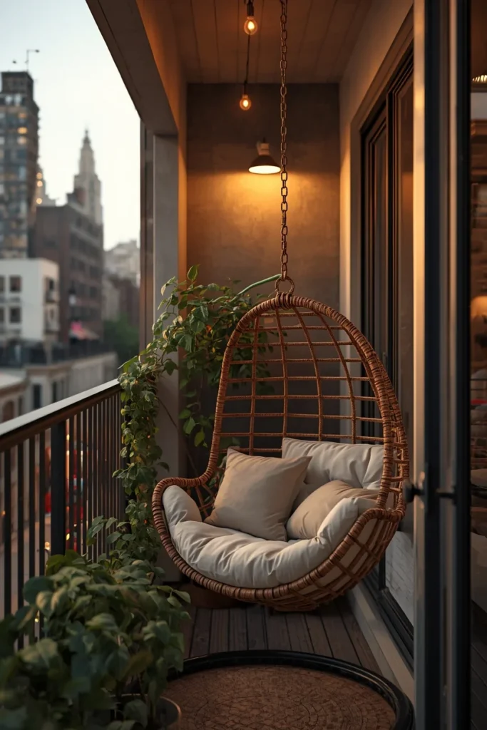 25 Balcony Ideas That Turn Even the Smallest Outdoor Space Into a Retreat 5 small city balcony, featuring a rattan hanging swing chair
