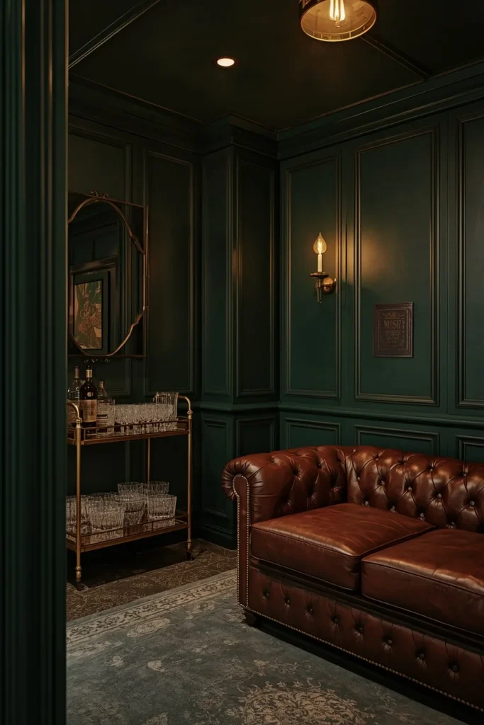 basement speakeasy lounge, featuring deep forest green walls 