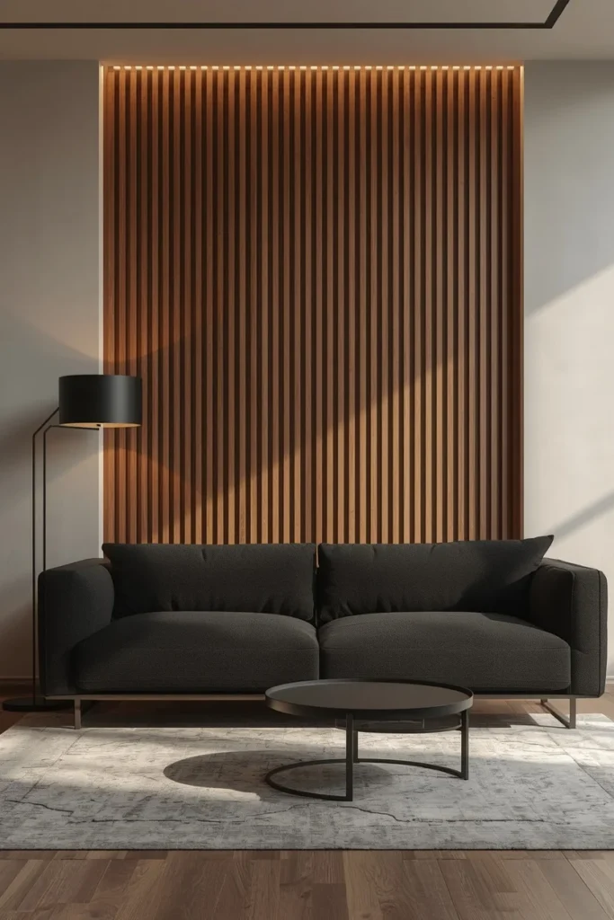  living room, featuring a black sofa in front of a vertical wood slat accent wall