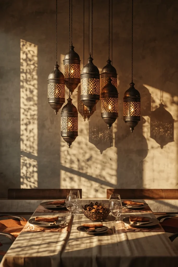 16 Boho Dining Room Ideas That Are Colorful, Layered & Totally Stunning 5 dining room, featuring a cluster of Moroccan cutout metal lanterns
