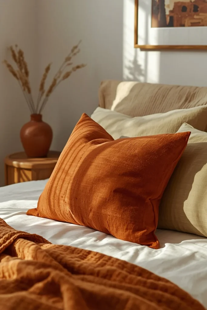  bedroom styling shot, featuring terracotta and olive green throw pillows 