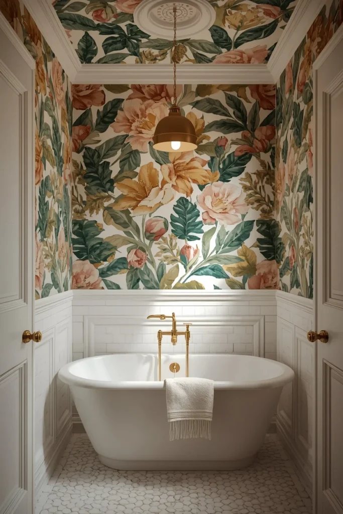 small bathroom, featuring bold botanical wallpaper
