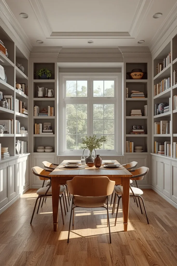 17 Built-In Dining Room Cabinet Ideas That Are Beautiful & Super Practical 5 dining room, featuring floor-to-ceiling built-in bookshelves