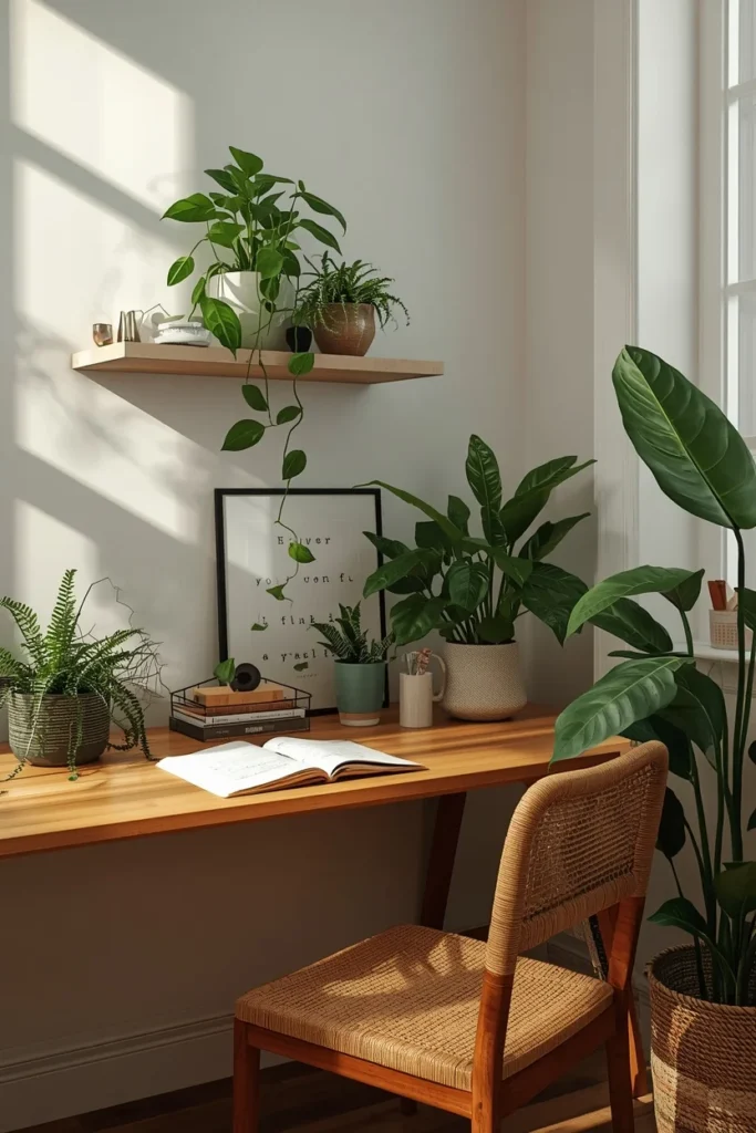 study desk, featuring layered houseplants including a trailing pothos