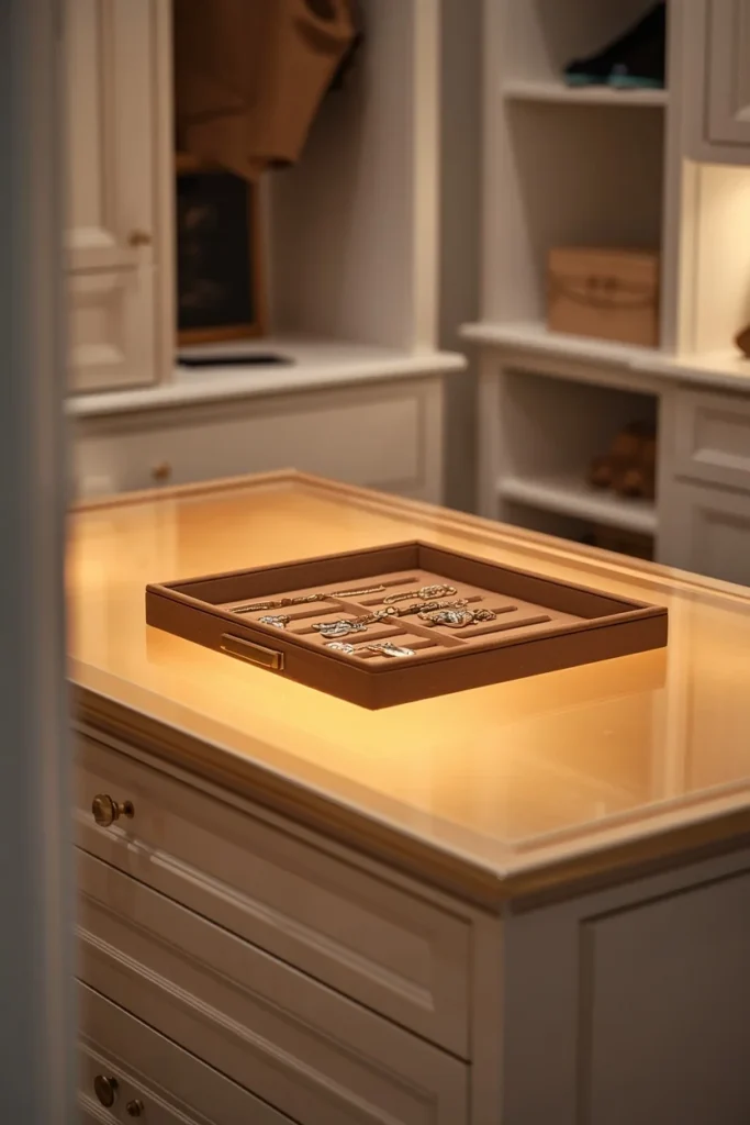 24 Custom Walk-In Closet Designs That Make Getting Dressed Feel Like a Dream 5 Backlighting for Display Zones and Islands in custom walk in closet