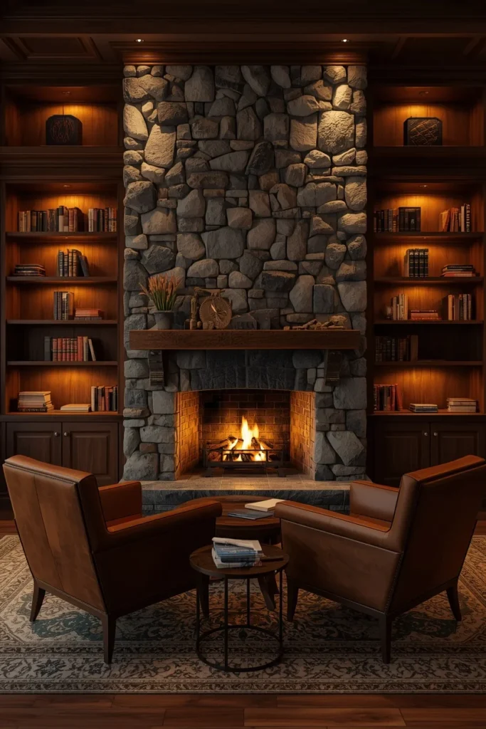 24 Dream Home Library Ideas That Are So Beautiful They'll Take Your Breath Away 5 home library, featuring a stone fireplace with a crackling fire