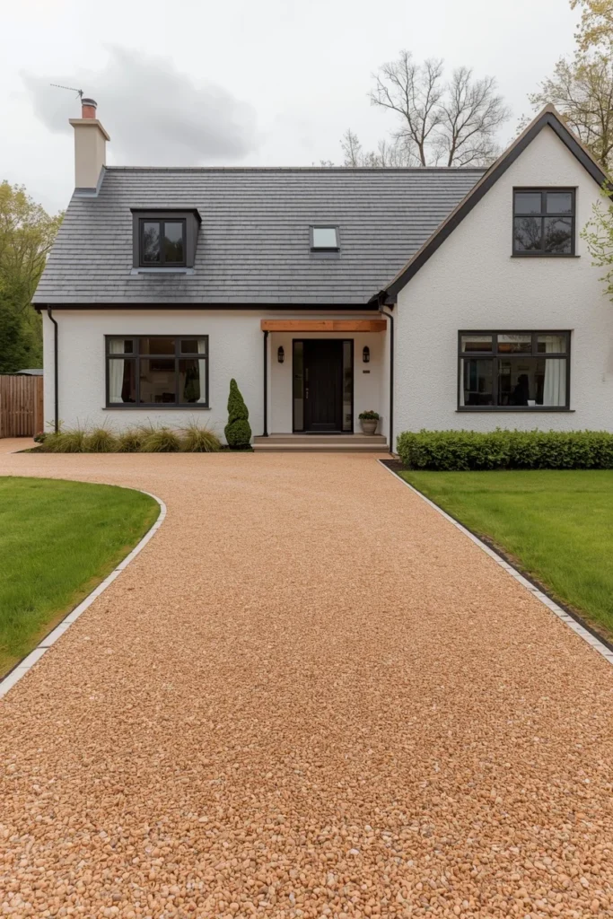  cottage home exterior, featuring a smooth resin-bound gravel driveway 