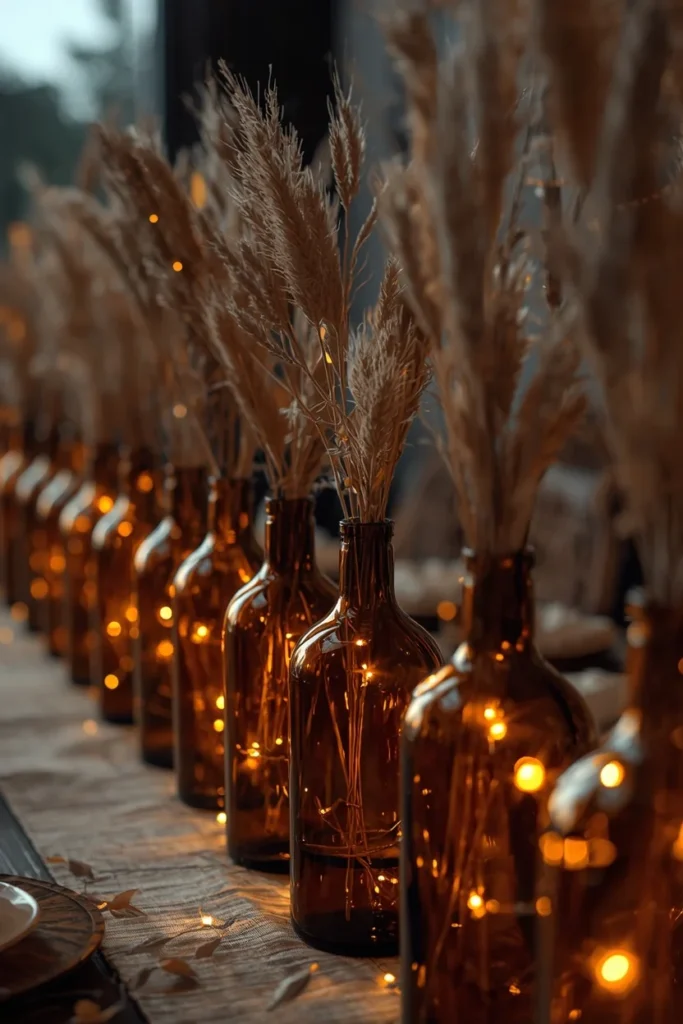 16 Fall Table Decor Ideas That Turn Every Dinner Into an Autumn Celebration 5 fall table centerpiece featuring a row of amber glass bottles