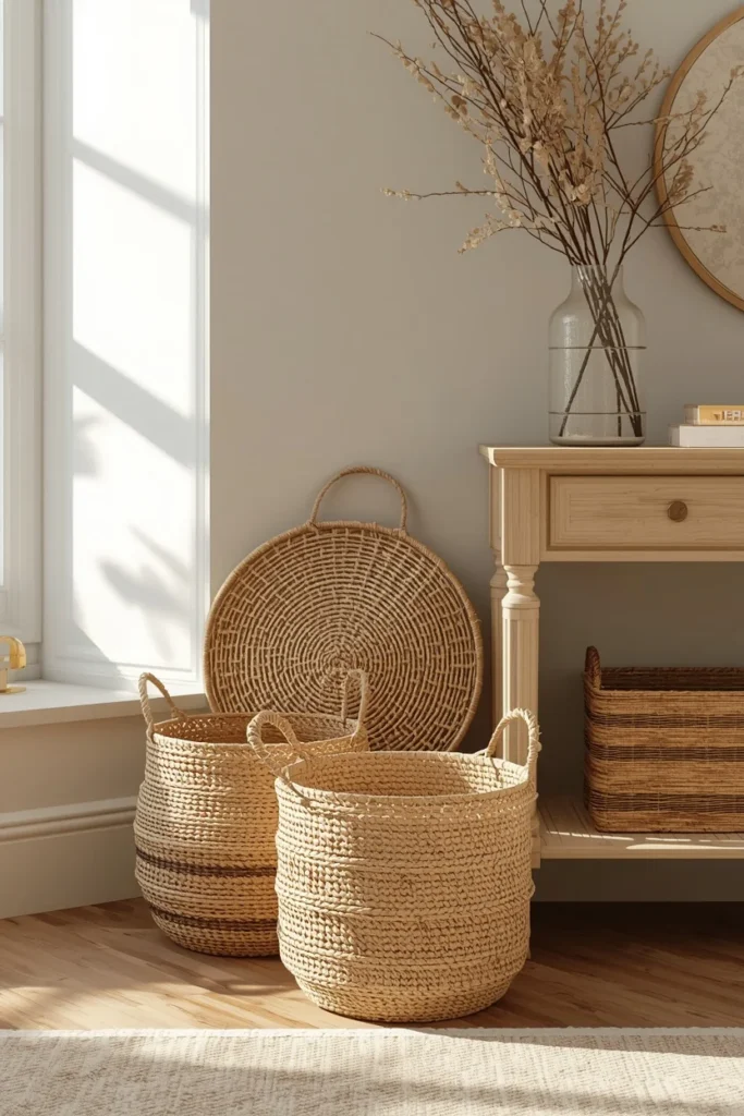  family room, featuring a grouping of woven seagrass 