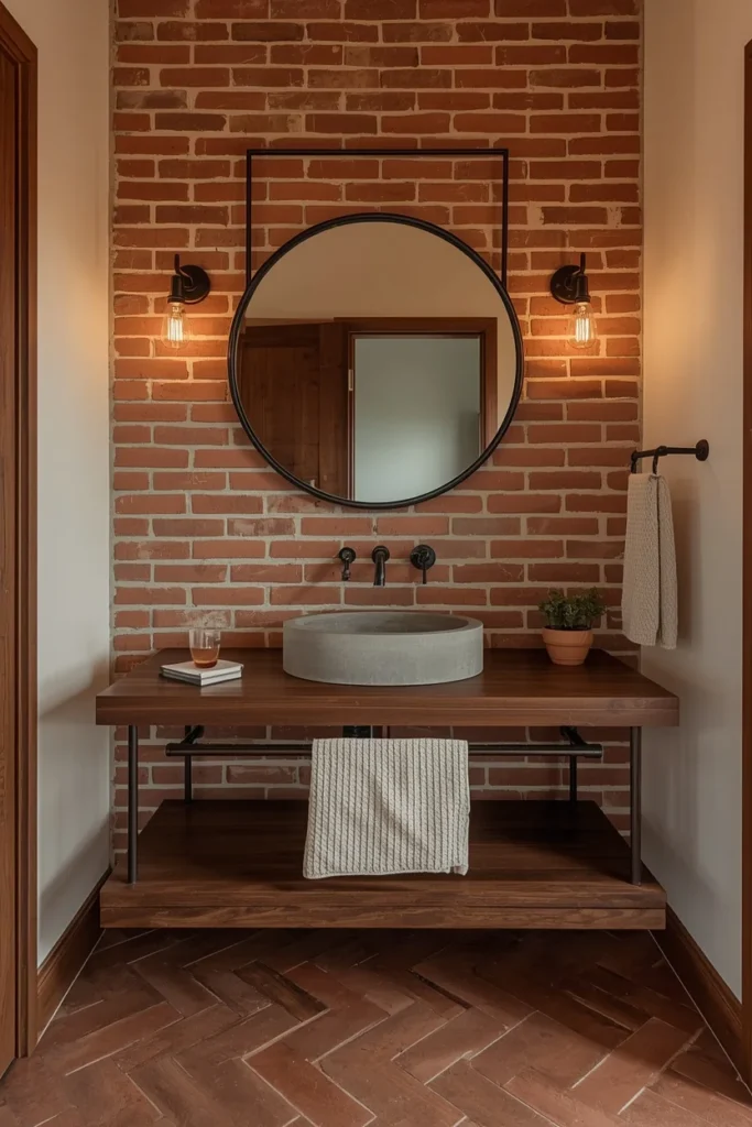 20 Farmhouse Bathroom Ideas That Are Rustic, Cozy & Utterly Gorgeous 5 Rustic farmhouse bathroom with exposed warm terracotta brick accent wall