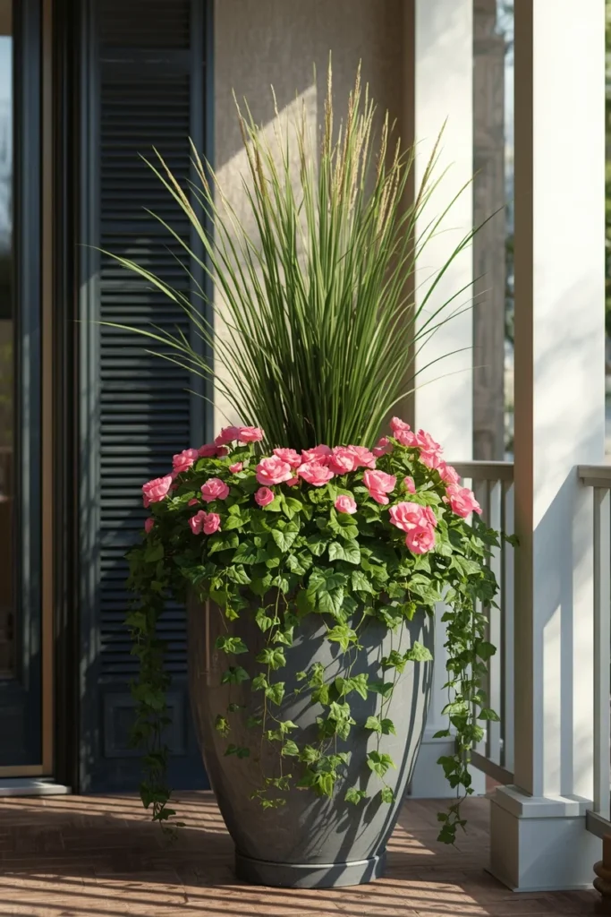 22 Front Porch Flower Ideas That Make Your Home's Entrance Bloom Beautifully 5 single large planter on a porch featuring a tall ornamental grass thriller,