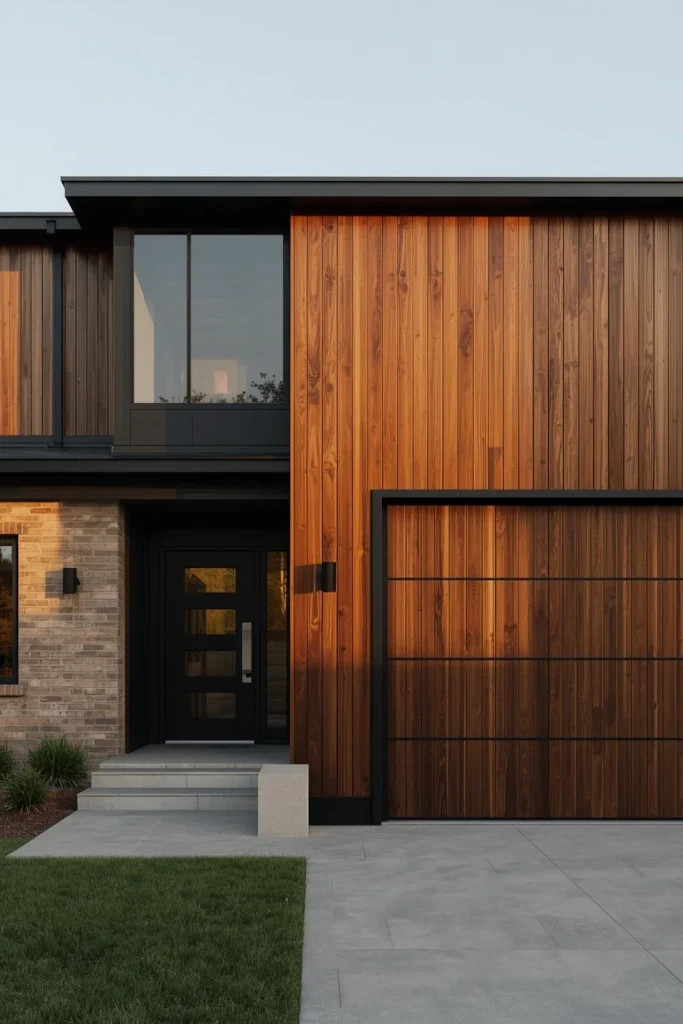 ranch home exterior, featuring a vertical dark cedar slat garage door
