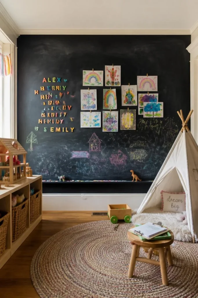  children's playroom, featuring a large chalkboard wall 