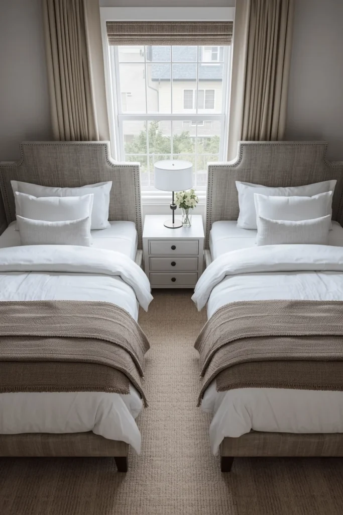  guest bedroom, featuring two matching upholstered twin beds 