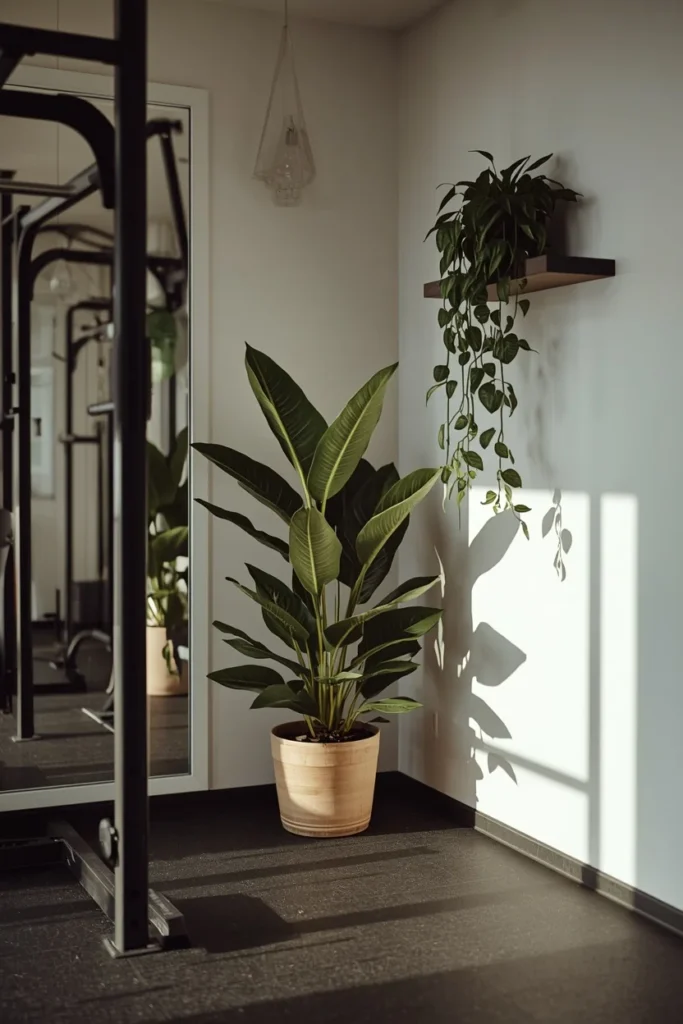 home gym, featuring a large snake plant and fiddle leaf fig 