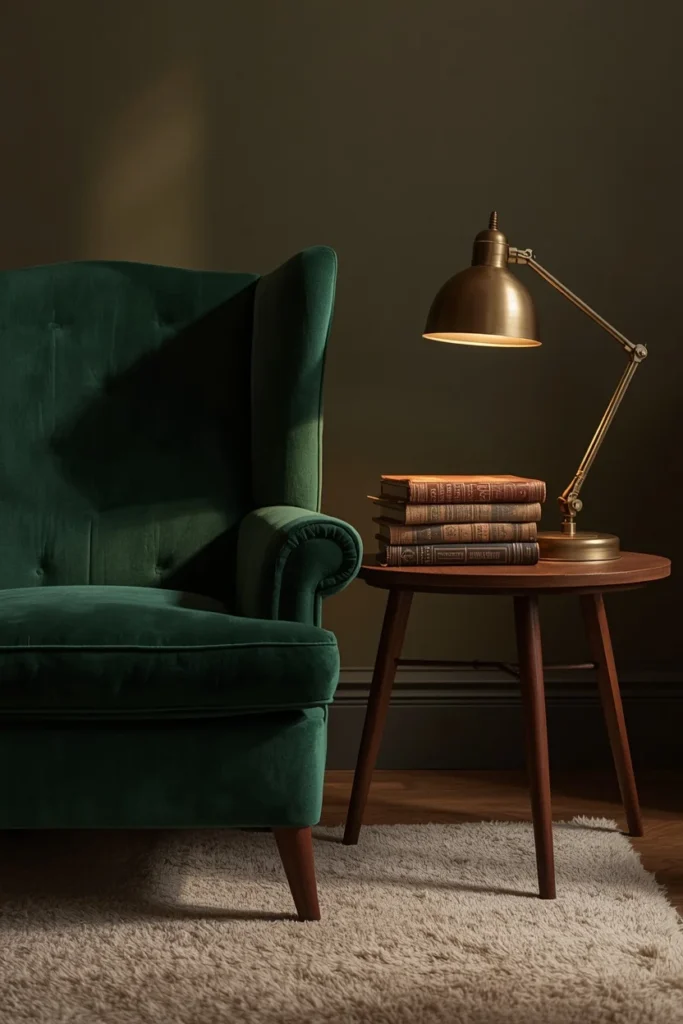 16 Home Library Aesthetic Ideas That Turn Any Corner Into a Reader's Paradise 5 dark academia reading corner, featuring a deep emerald velvet wingback chair